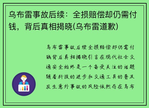 乌布雷事故后续：全损赔偿却仍需付钱，背后真相揭晓(乌布雷道歉)