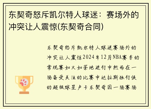 东契奇怒斥凯尔特人球迷：赛场外的冲突让人震惊(东契奇合同)