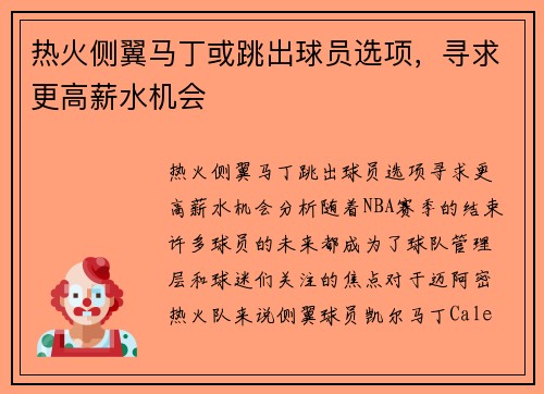 热火侧翼马丁或跳出球员选项，寻求更高薪水机会