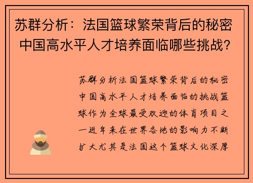 苏群分析：法国篮球繁荣背后的秘密 中国高水平人才培养面临哪些挑战？